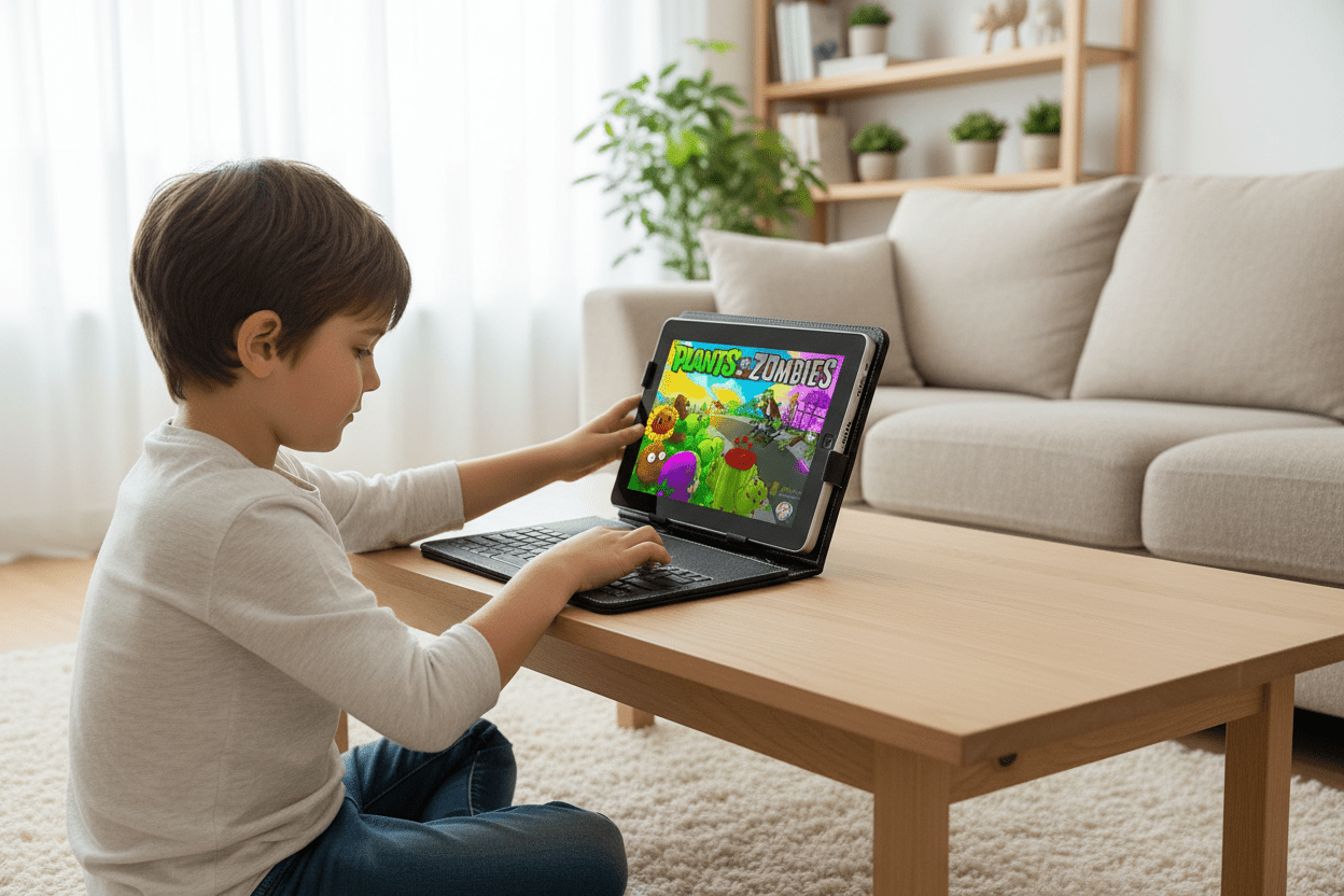 Child playing a game on a laptop in a living room setting
