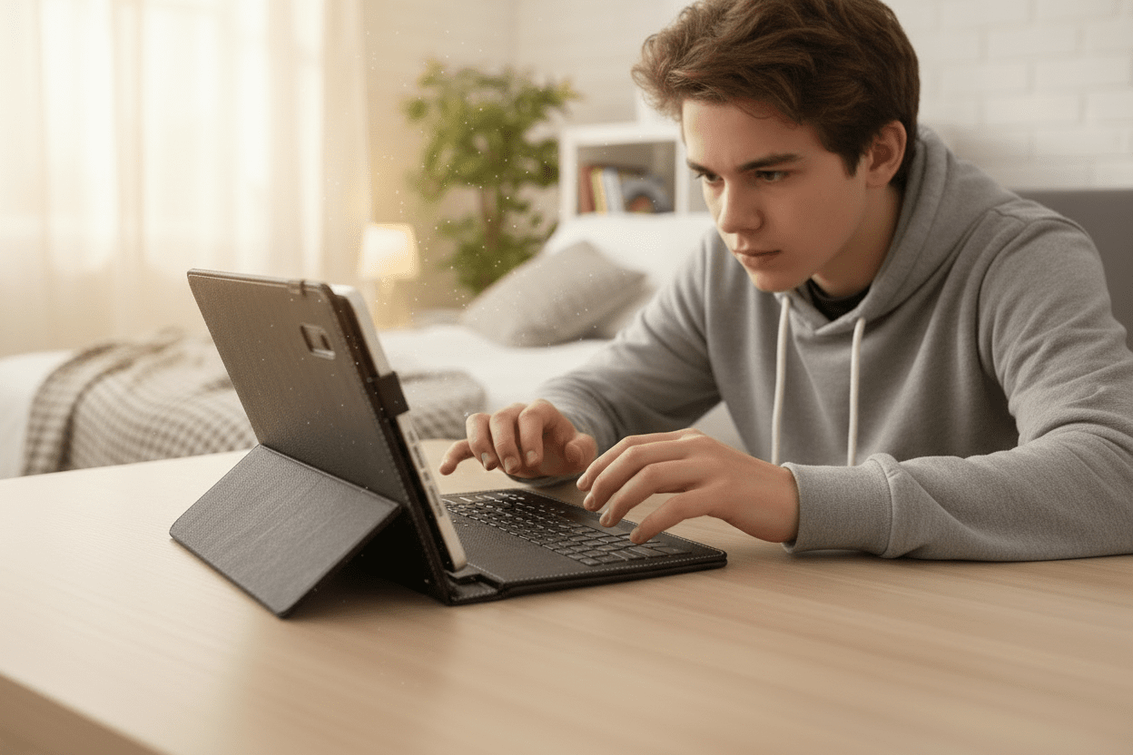 Person using a laptop on a wooden desk in a home setting