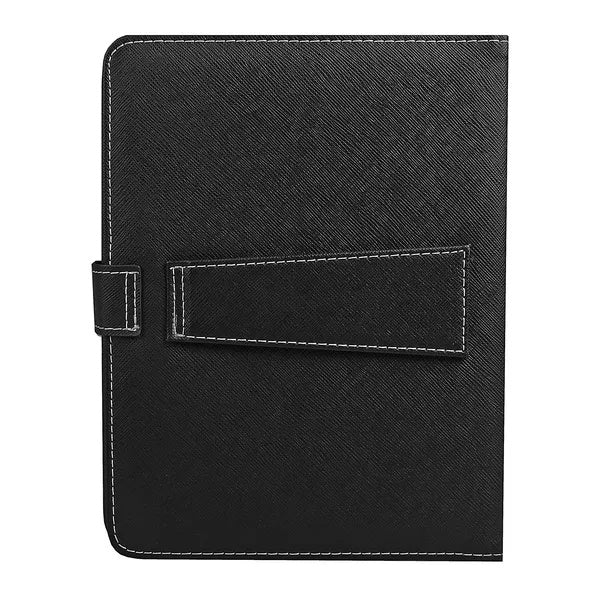 Black leather notebook cover with a strap on a white background