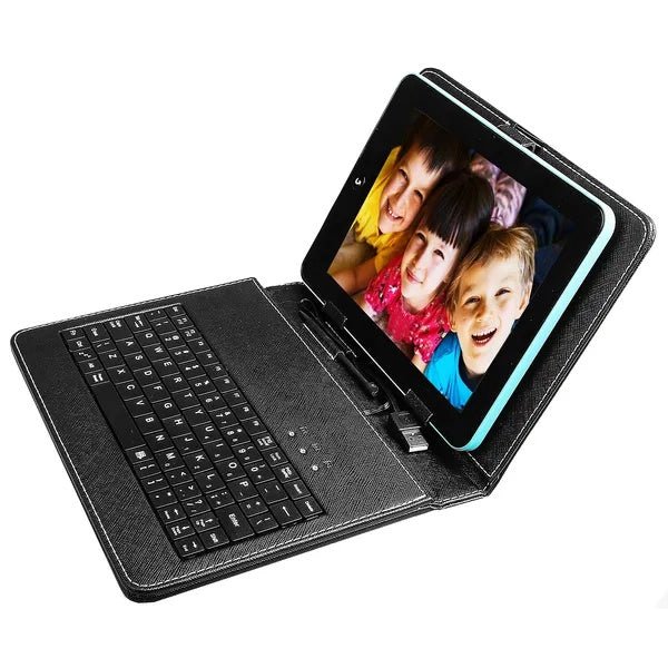 Tablet with keyboard cover displaying a photo of children on a white background