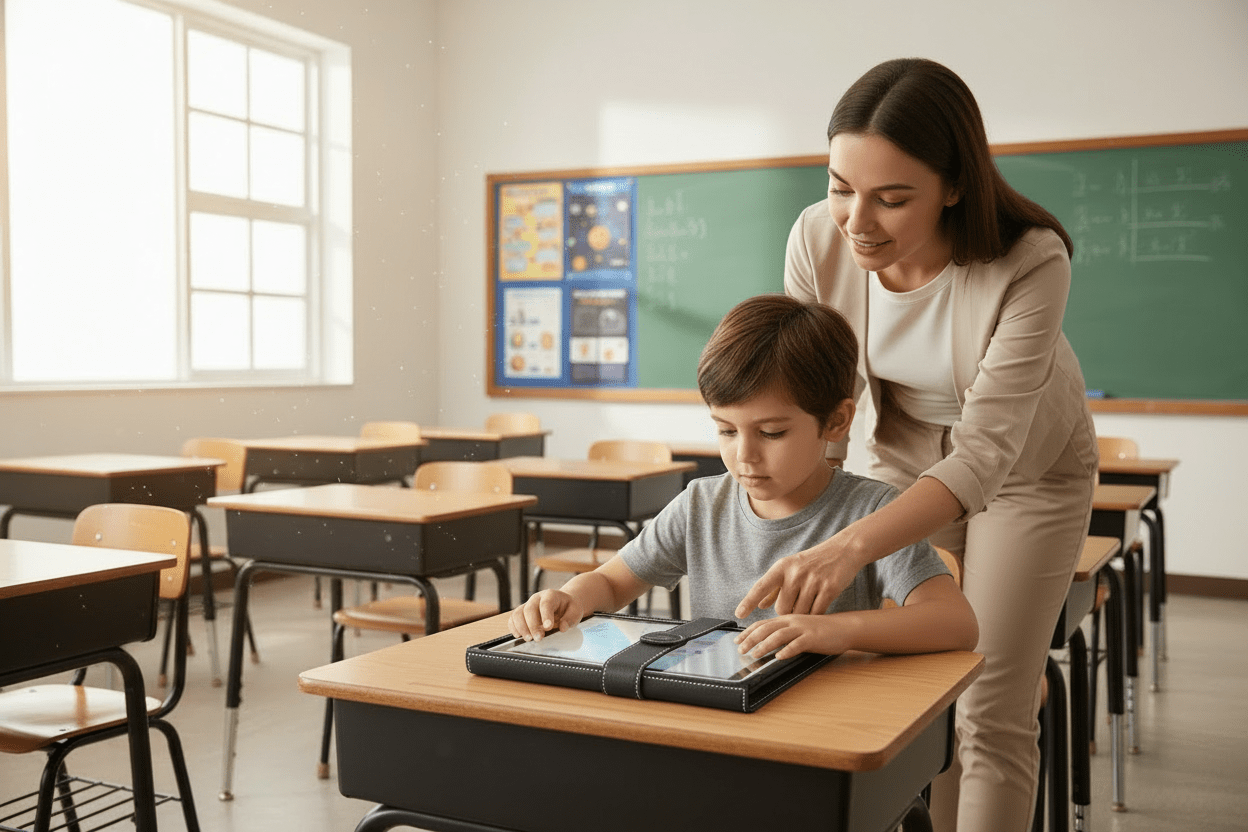 Teacher assisting a student with a tablet in a classroom setting