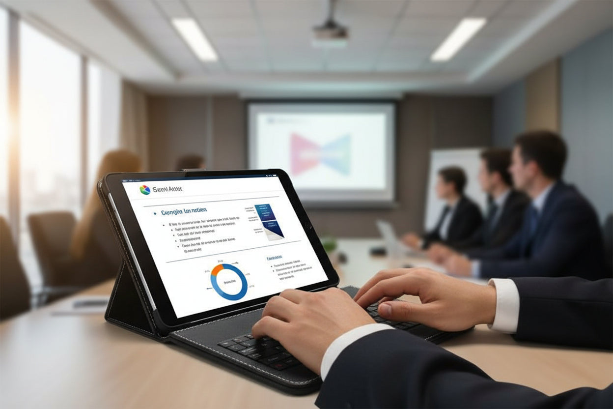 Black keyboard case with built-in keyboard on a white background