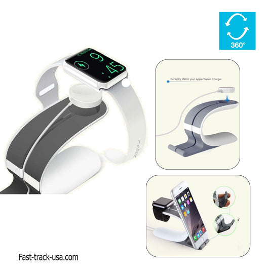 Smartwatch and phone charging stand with 360-degree rotation feature, displayed on a white background.