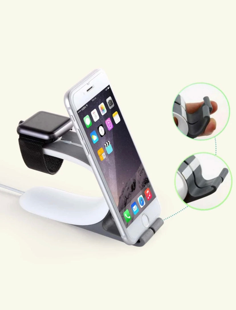 Multi-device charging stand with smartphone, smartwatch, and wireless earbuds on a white background