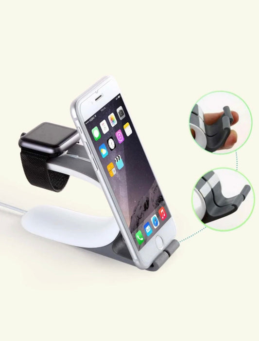 Multi-device charging stand with smartphone, smartwatch, and wireless earbuds on a white background