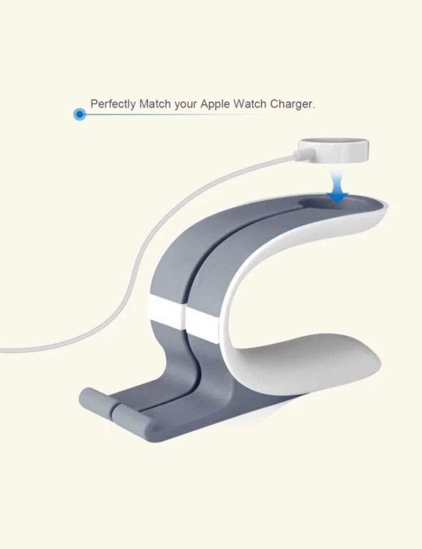 Gray and white Apple Watch charger on a white background