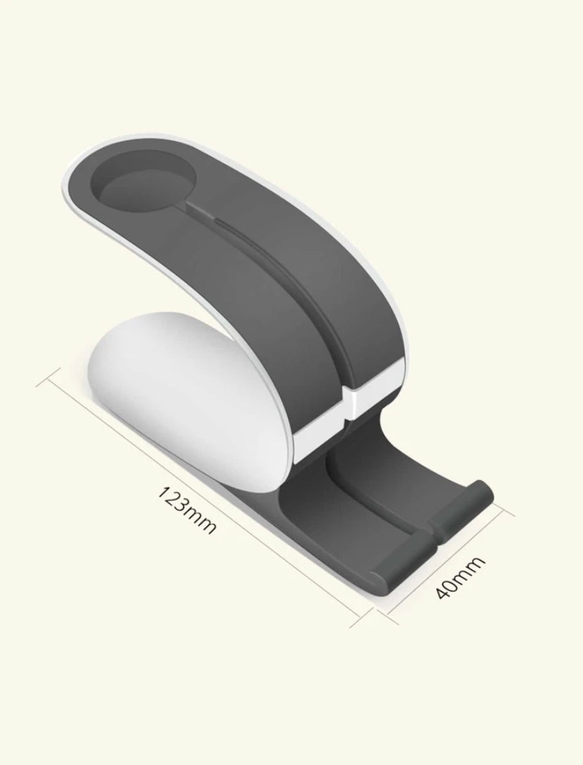 Gray phone holder with dimensions on a white background