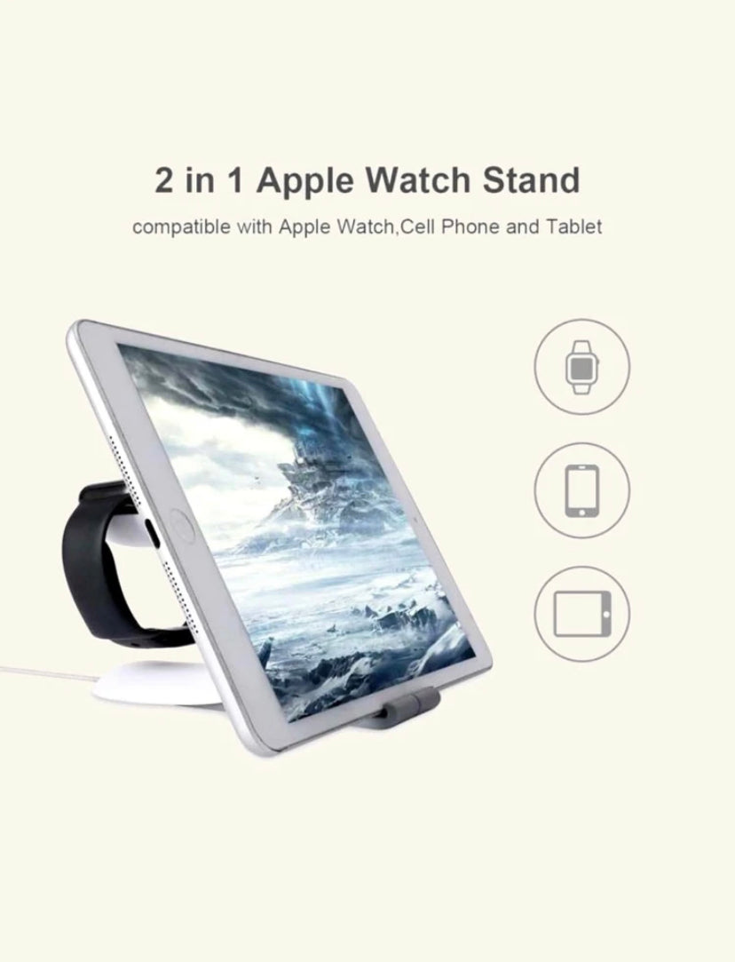 2-in-1 Apple Watch stand with tablet holder on a white background