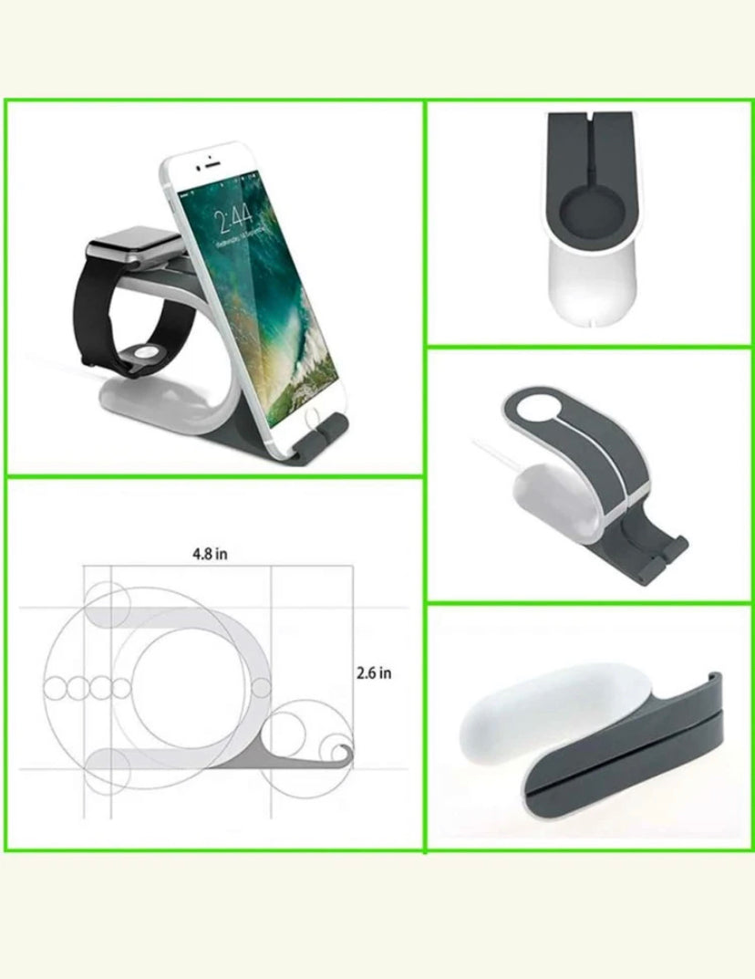 Collage of a phone stand with various angles and measurements on a beige background