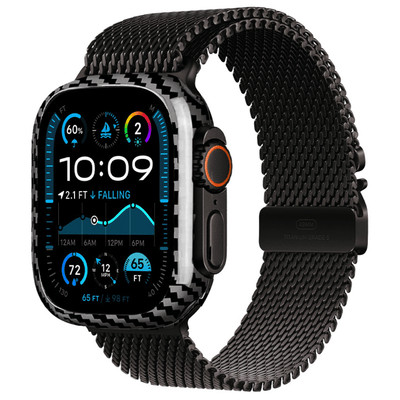 Smartwatch with a black mesh band on a white background