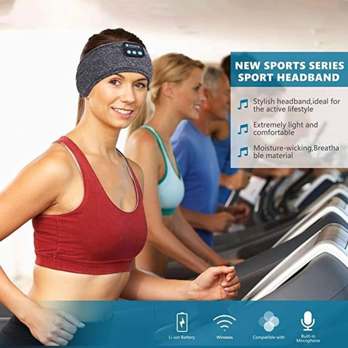 Woman wearing a sports series headband on a treadmill with product details overlay.