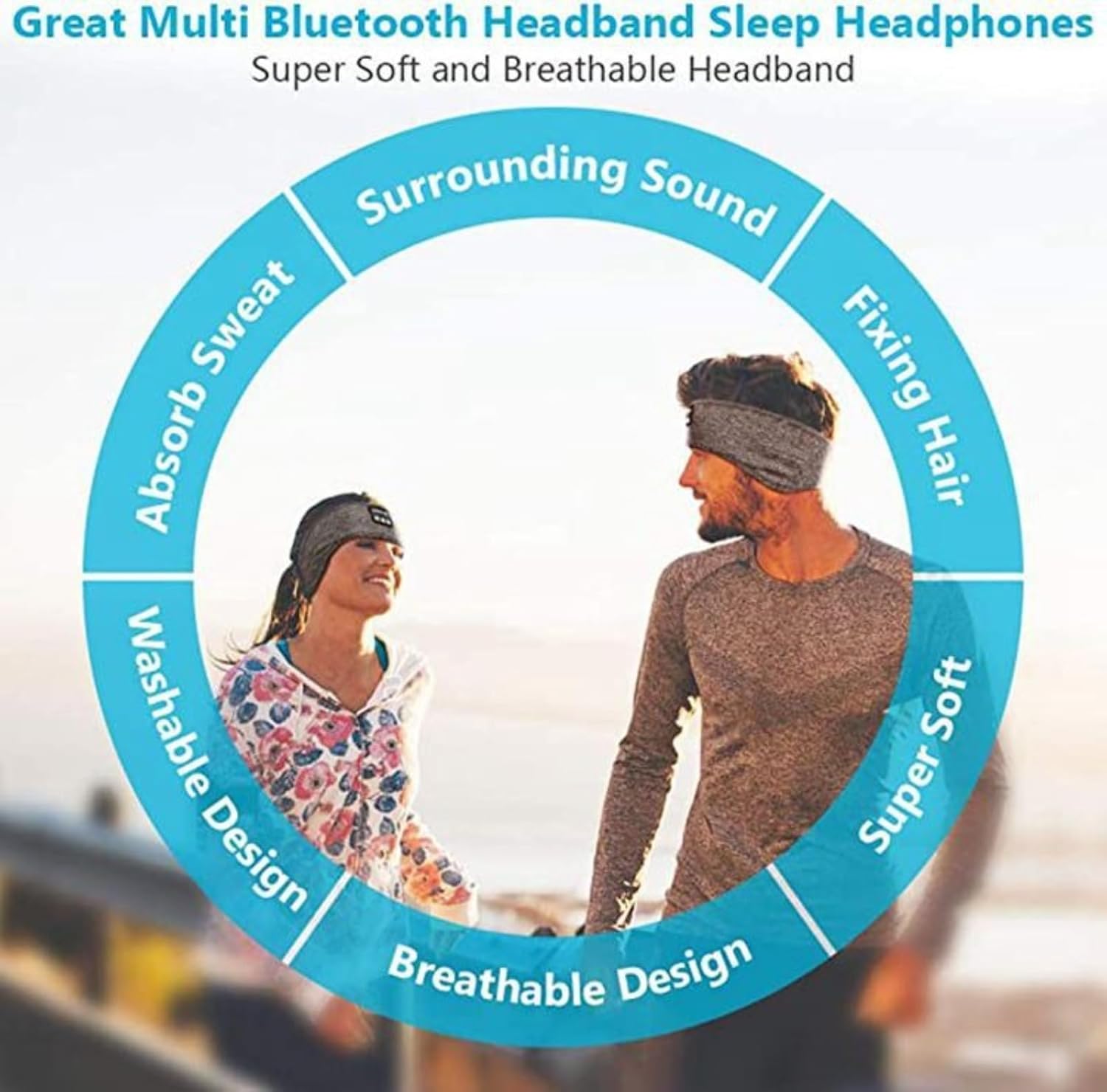Two people wearing Bluetooth headbands with features listed around them.