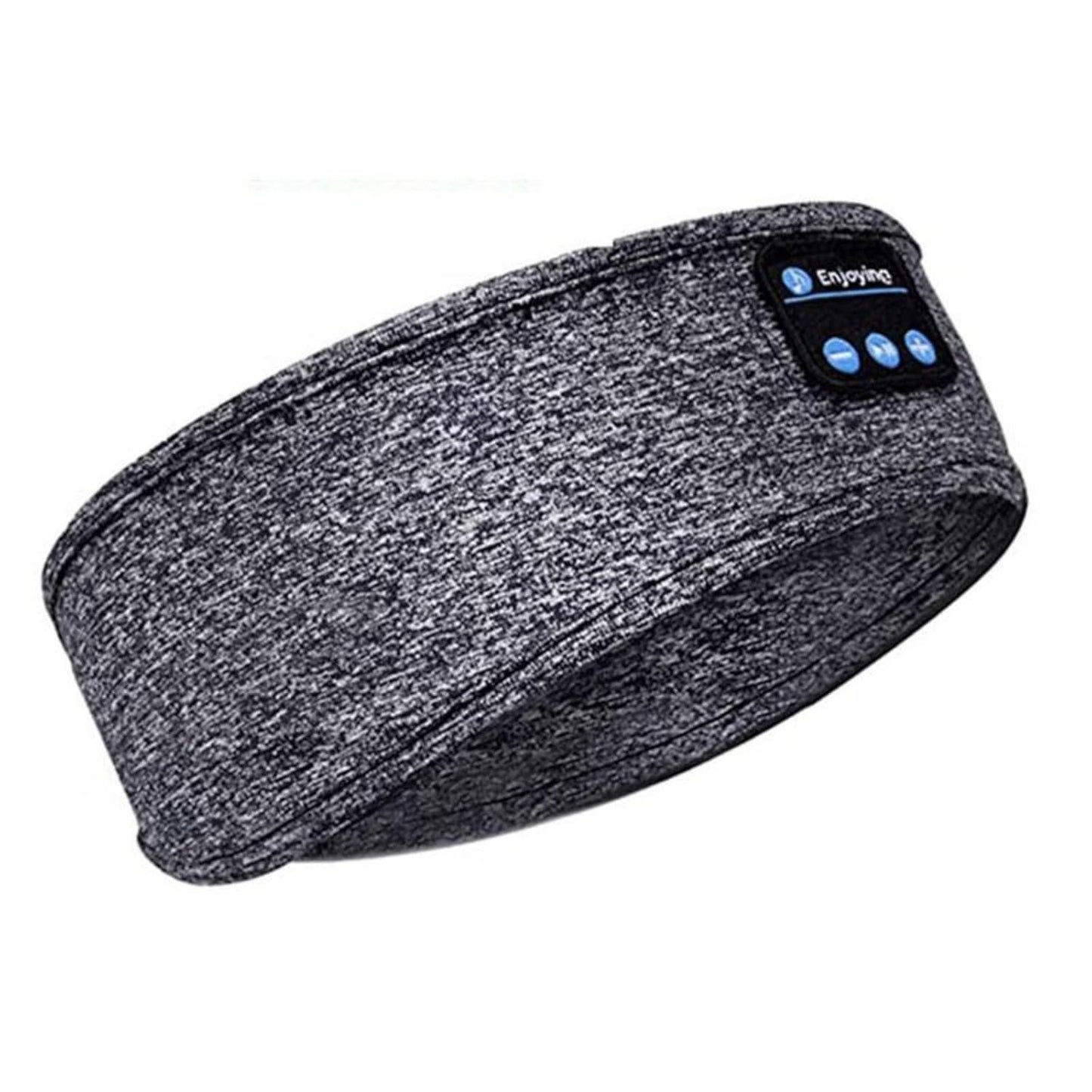Gray Bluetooth headband with control panel on a white background