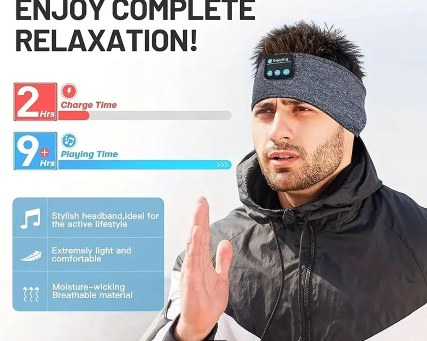 Man wearing a Bluetooth headband with charging and playing time information displayed.