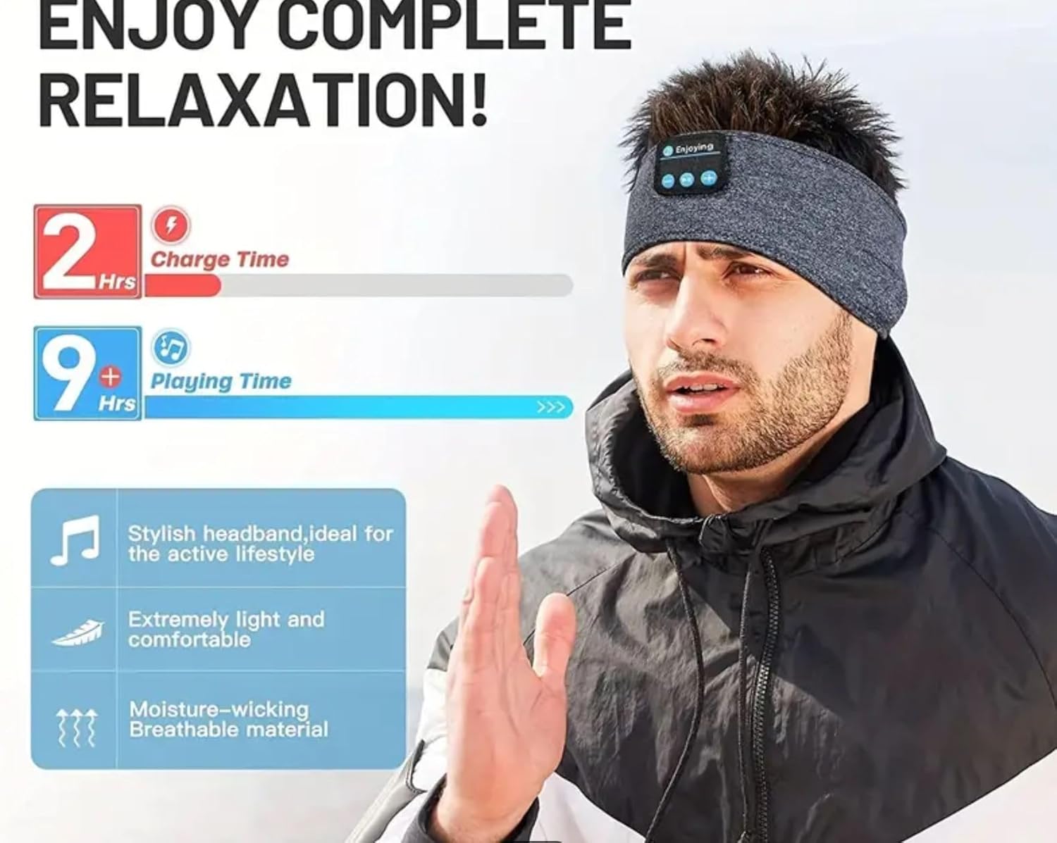 Man wearing a Bluetooth headband with charging and playing time information displayed.