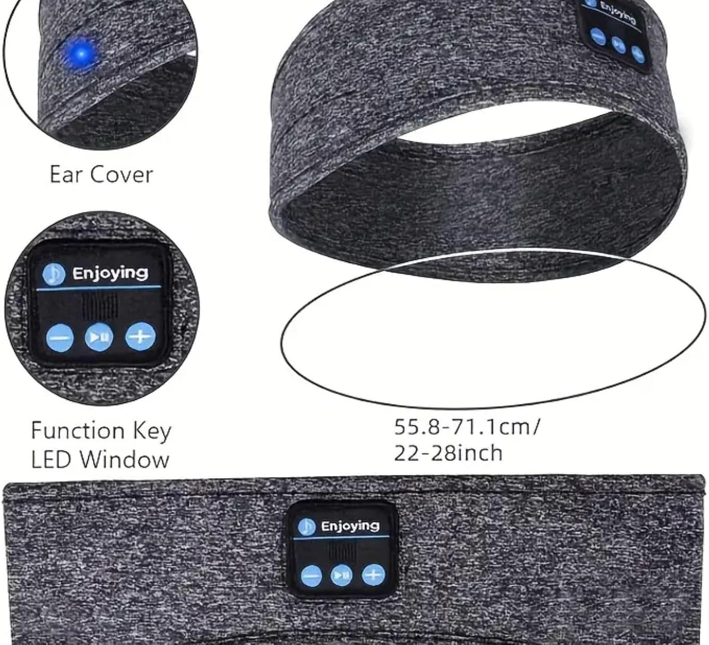 Gray Bluetooth headband with ear cover and control panel on a white background