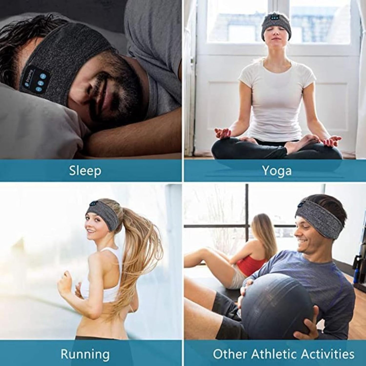 Collage of people wearing a headband for different activities including sleep, yoga, running, and other athletic activities.