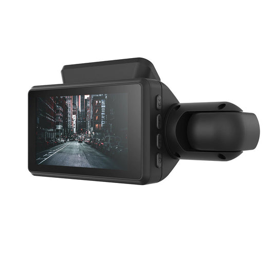 Car dashboard camera with screen displaying a city street view on a white background