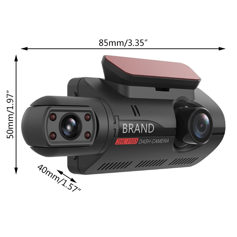 Car dashboard camera with dimensions labeled on a white background