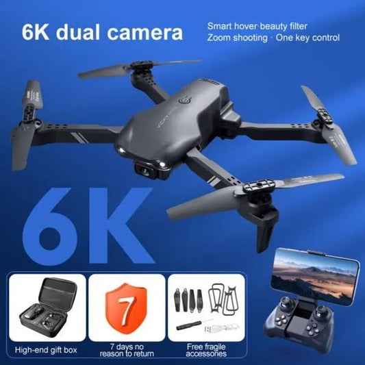 Gray drone with 6K dual camera on a blue background, featuring text about drone features and accessories.