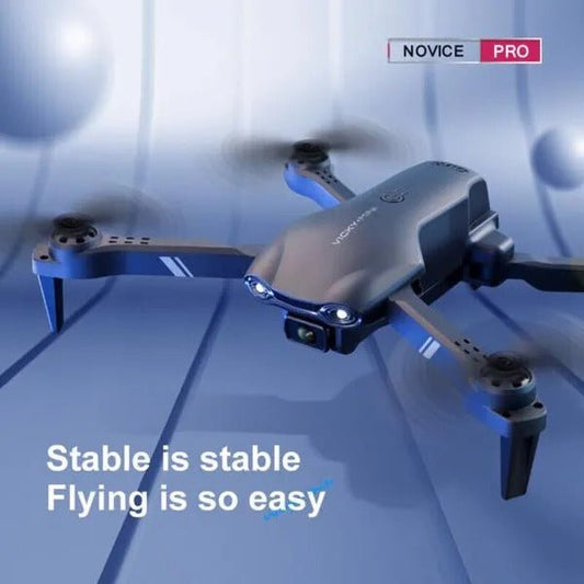 Drone with propellers on a blue background, featuring text about drone stability and ease of use.