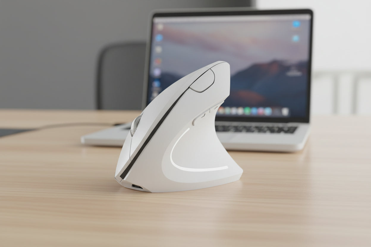 White ergonomic mouse on a desk with a laptop in the background