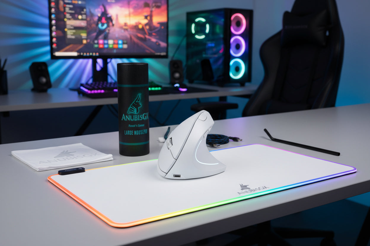 Gaming desk setup with RGB lighting, mouse pad, and gaming chair. Gaming Mousepad With Vertical Mouse