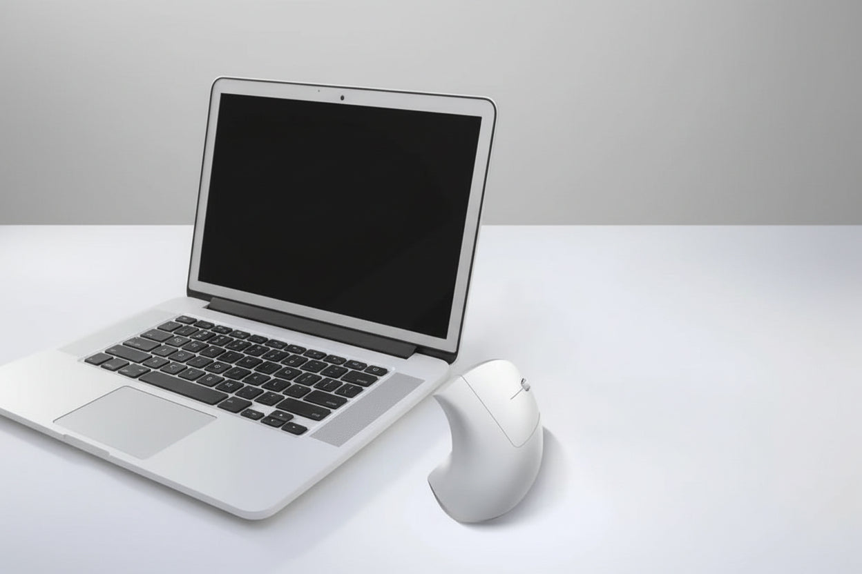 Laptop with a mouse on a white surface
