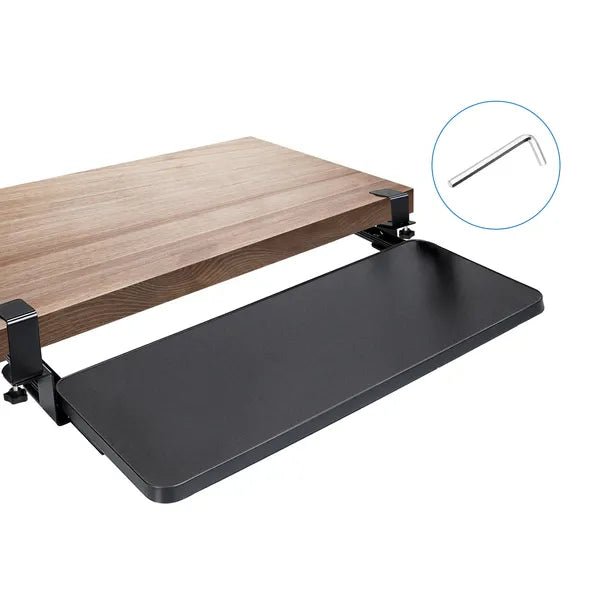 Wooden desk top with a black adjustable stand on a white background