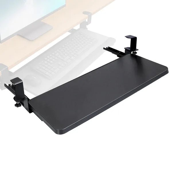 Black adjustable desk tray attached to a desk on a white background