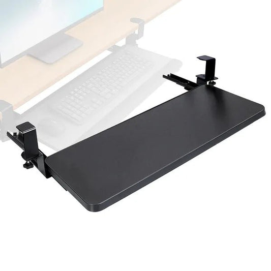Black adjustable desk tray attached to a desk on a white background