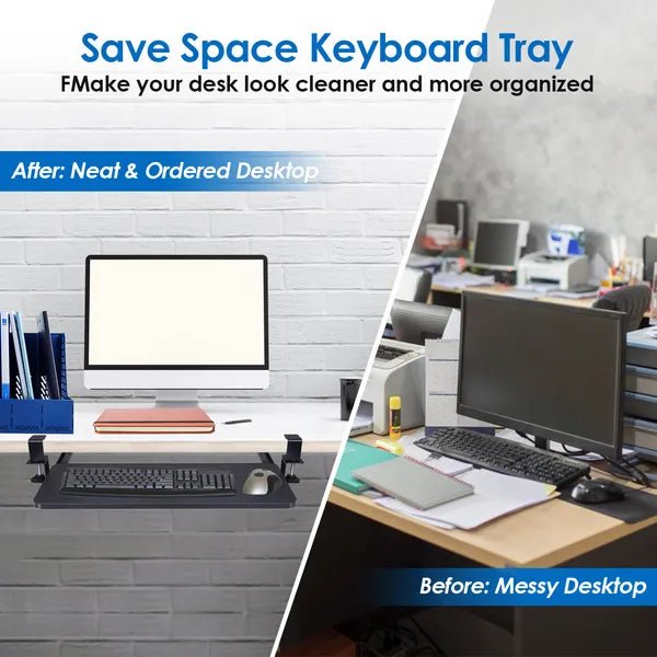 Before and after comparison of a desk setup with a keyboard tray, showing a neat and organized workspace.