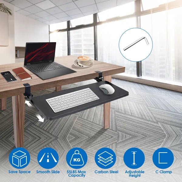 Adjustable standing desk with laptop, keyboard, and mouse in a modern office setting. Keyboard Mouse Tray