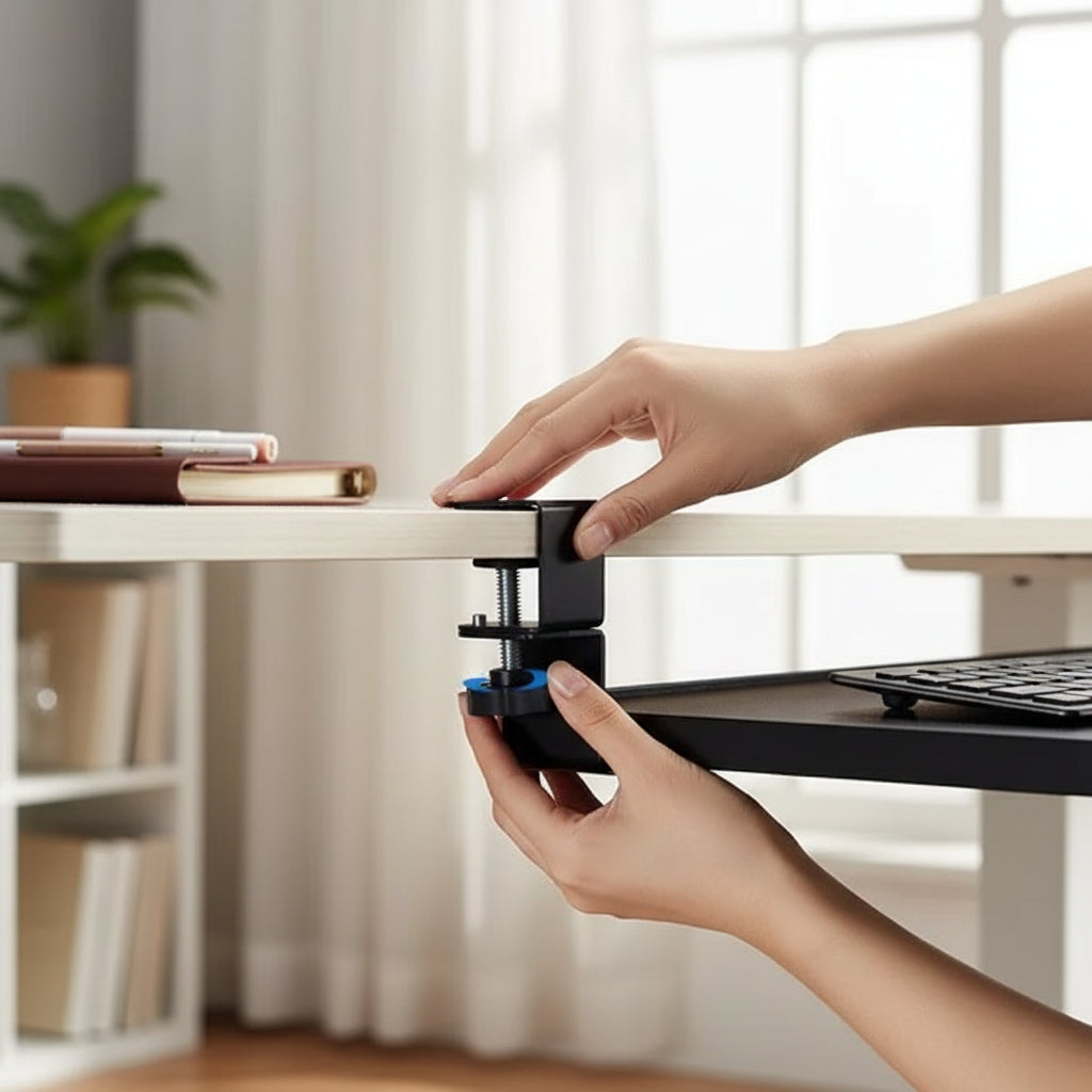 Height adjustable keyboard tray with soft sponge pad on a desk