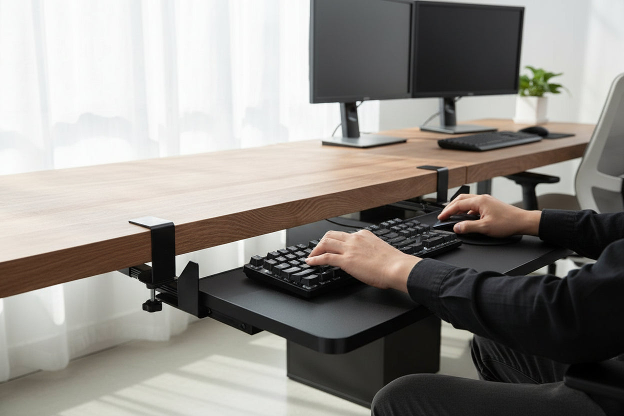 Wooden desk top with a black adjustable shelf on a white background