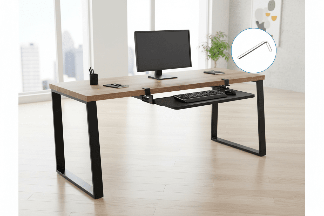 Modern office desk with computer setup in a bright room
