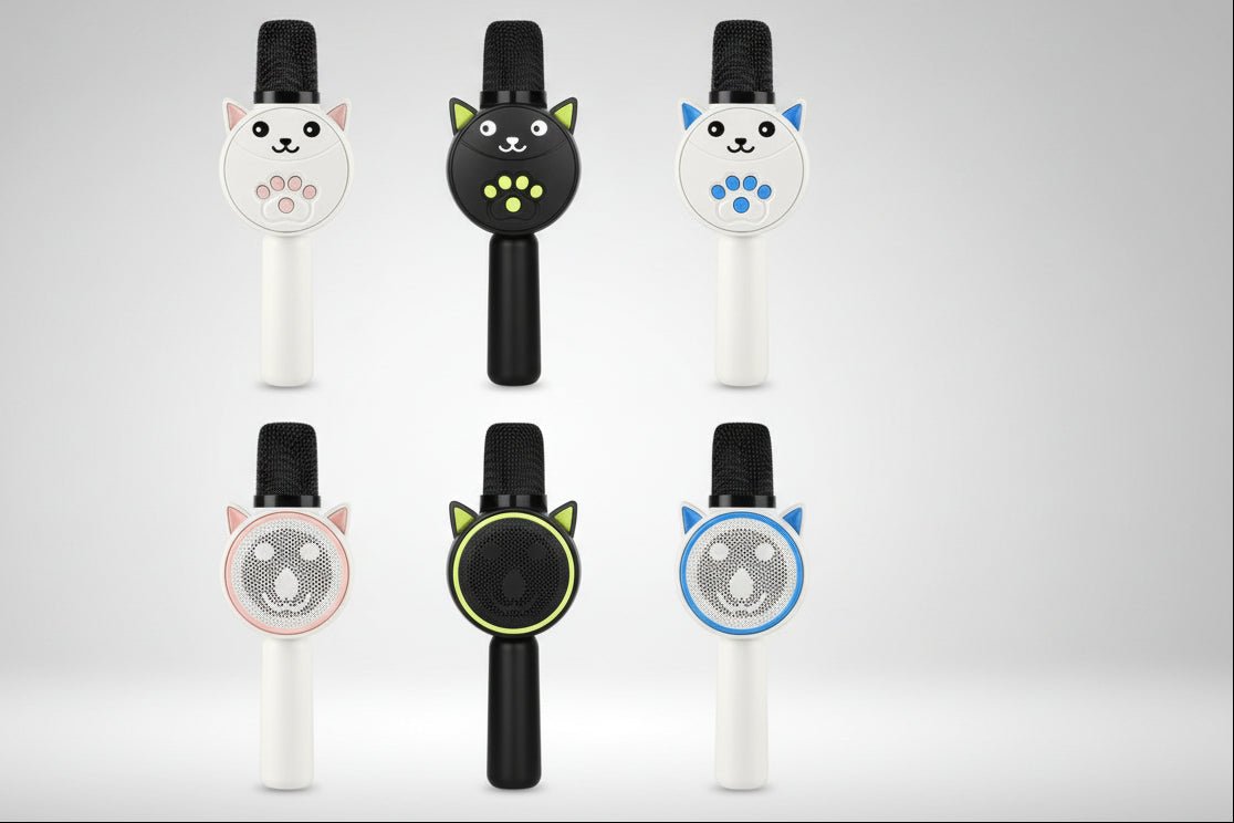 Set of six cartoon-style microphones with animal designs on a gray background
