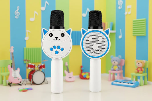 Two cartoon microphone toys with cat faces on a colorful background