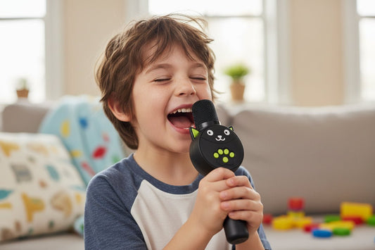 Child holding a toy Karaoke Speaker Microphone with a cat design in a living room.
