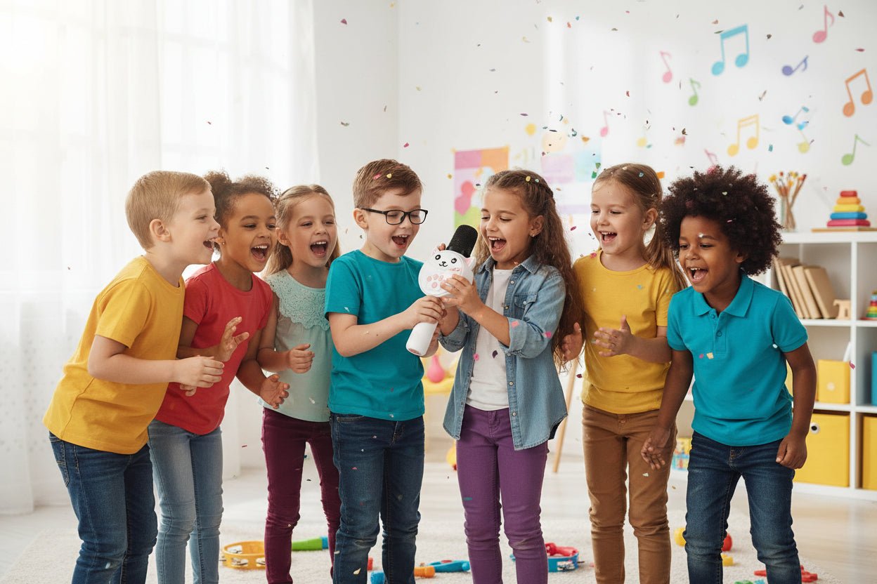 Children singing together in a classroom with colorful decorations.