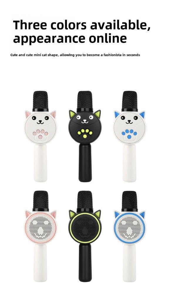 Set of six cat-shaped microphones with different color designs on a white background.