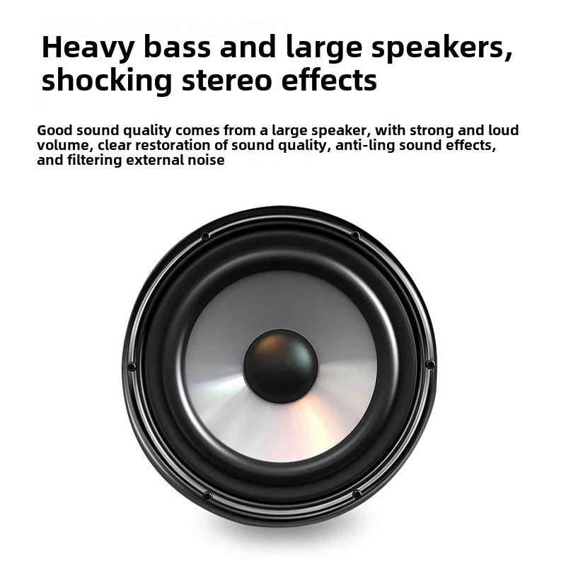 Speaker with text about heavy bass, large speakers, and stereo effects on a white background