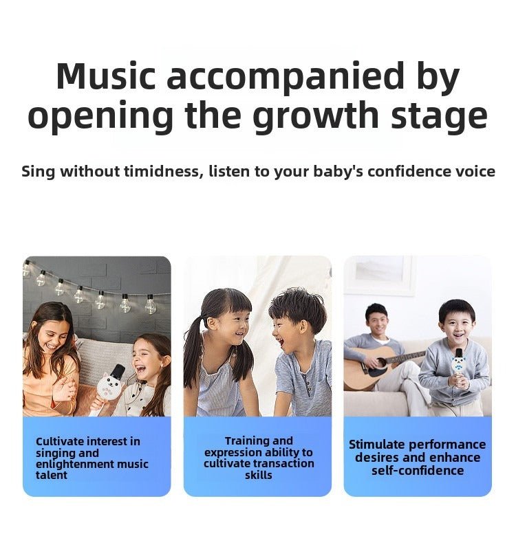 Promotional graphic for music education for children with text and images of children singing and playing instruments.