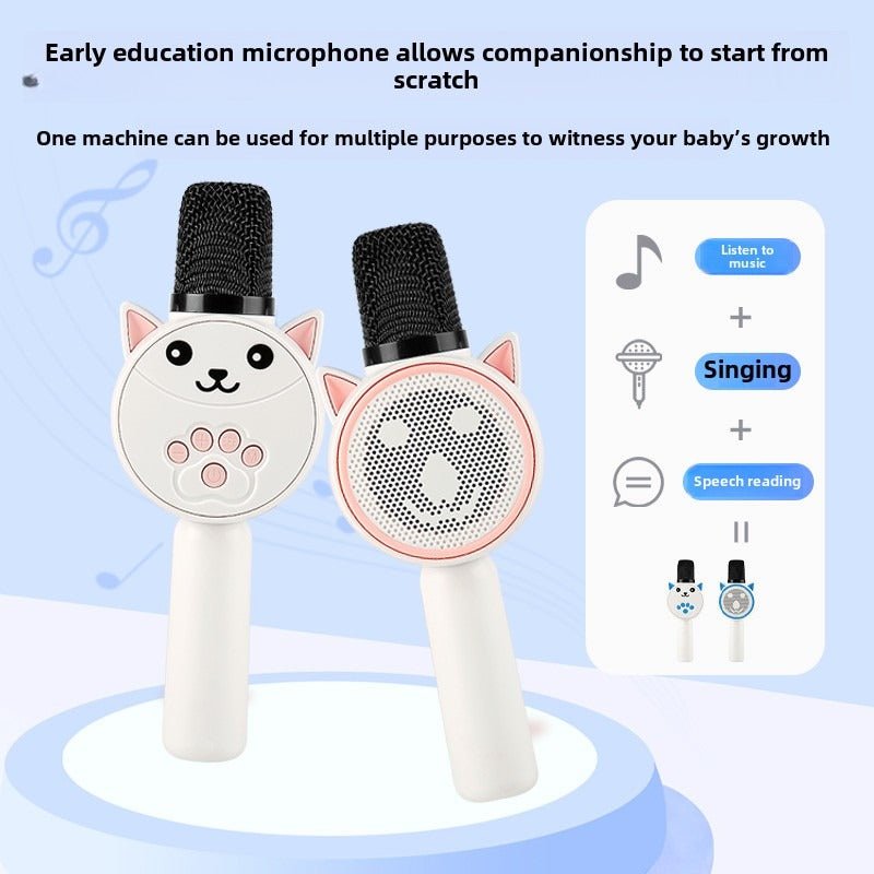 Two cartoon-style microphones with cat designs on a light blue background.