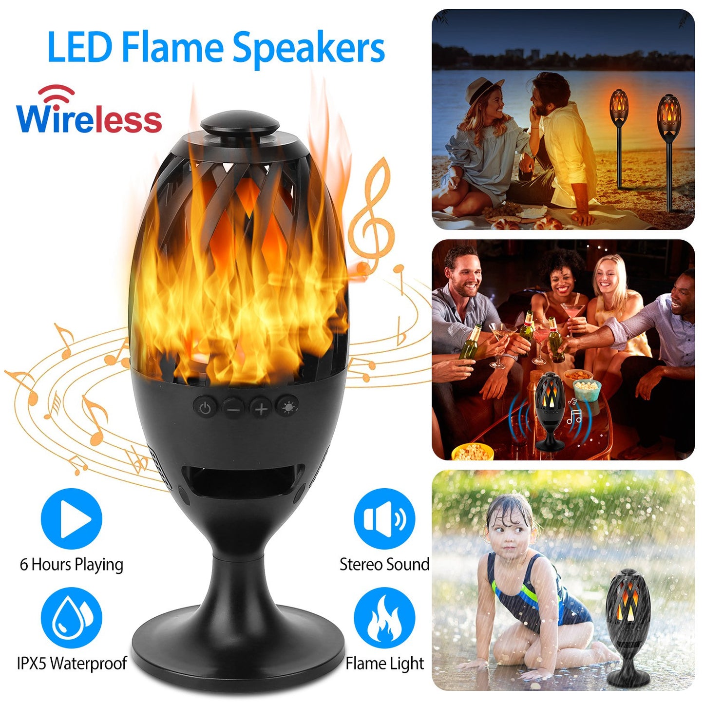 LED flame Torch Wireless Speaker with wireless capabilities, flame light, and stereo sound features.