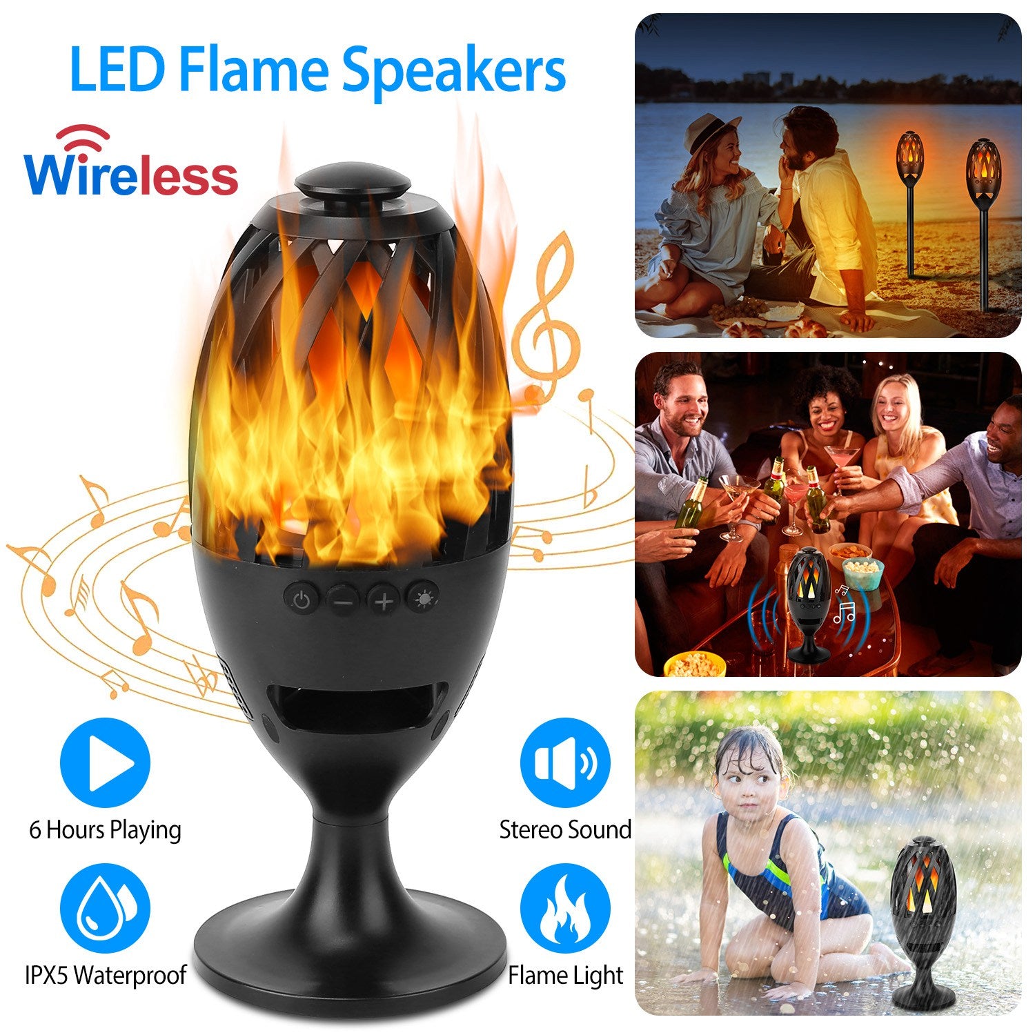 LED flame Torch Wireless Speaker with wireless capabilities, flame light, and stereo sound features.