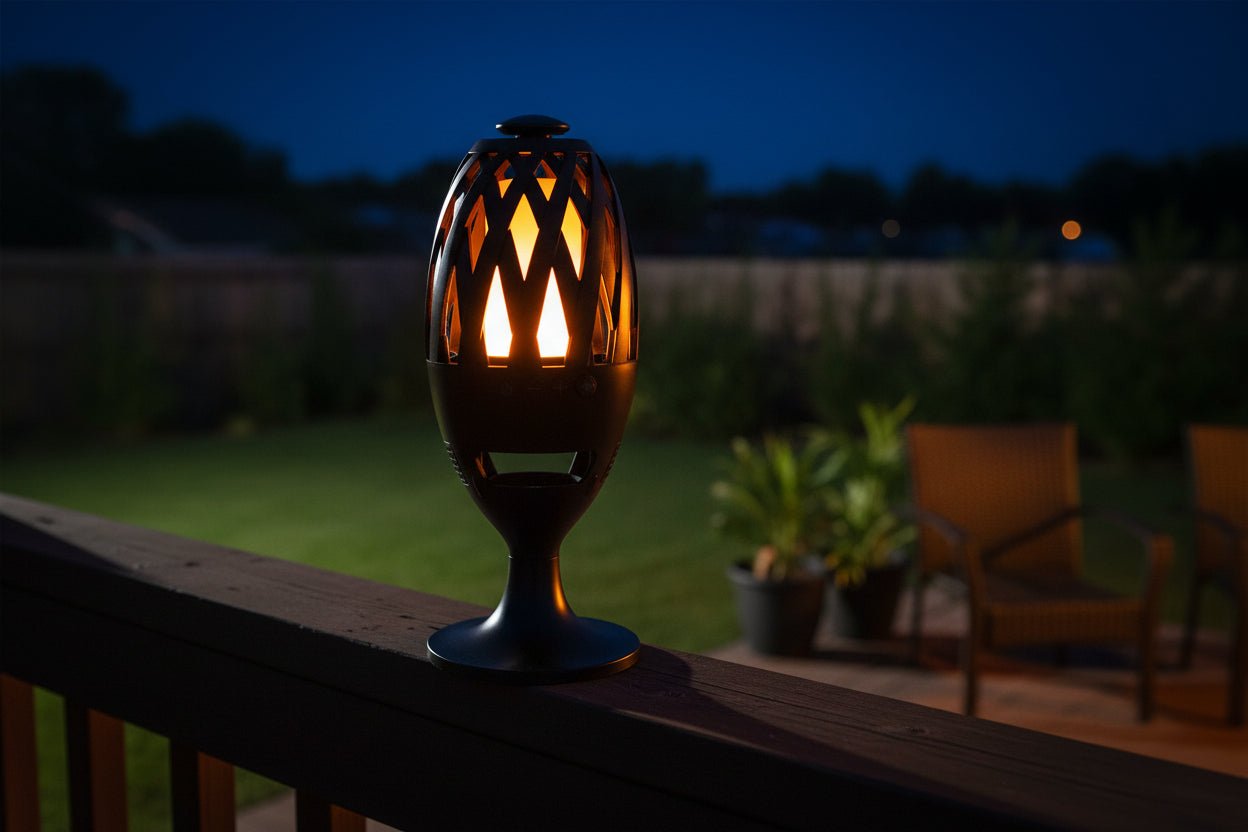 Decorative outdoor lantern on a railing with a blurred garden background