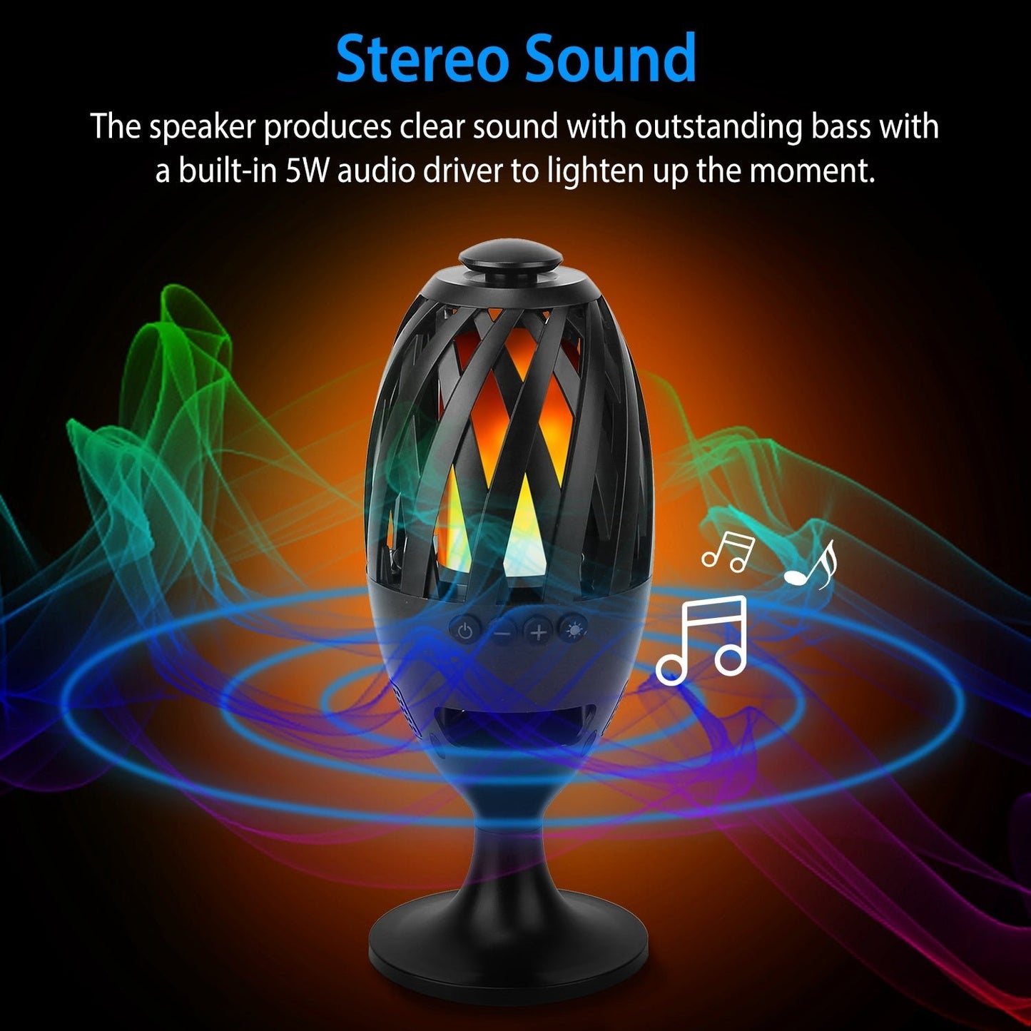 Colorful LED light speaker with text about stereo sound and bass quality on a dark background.