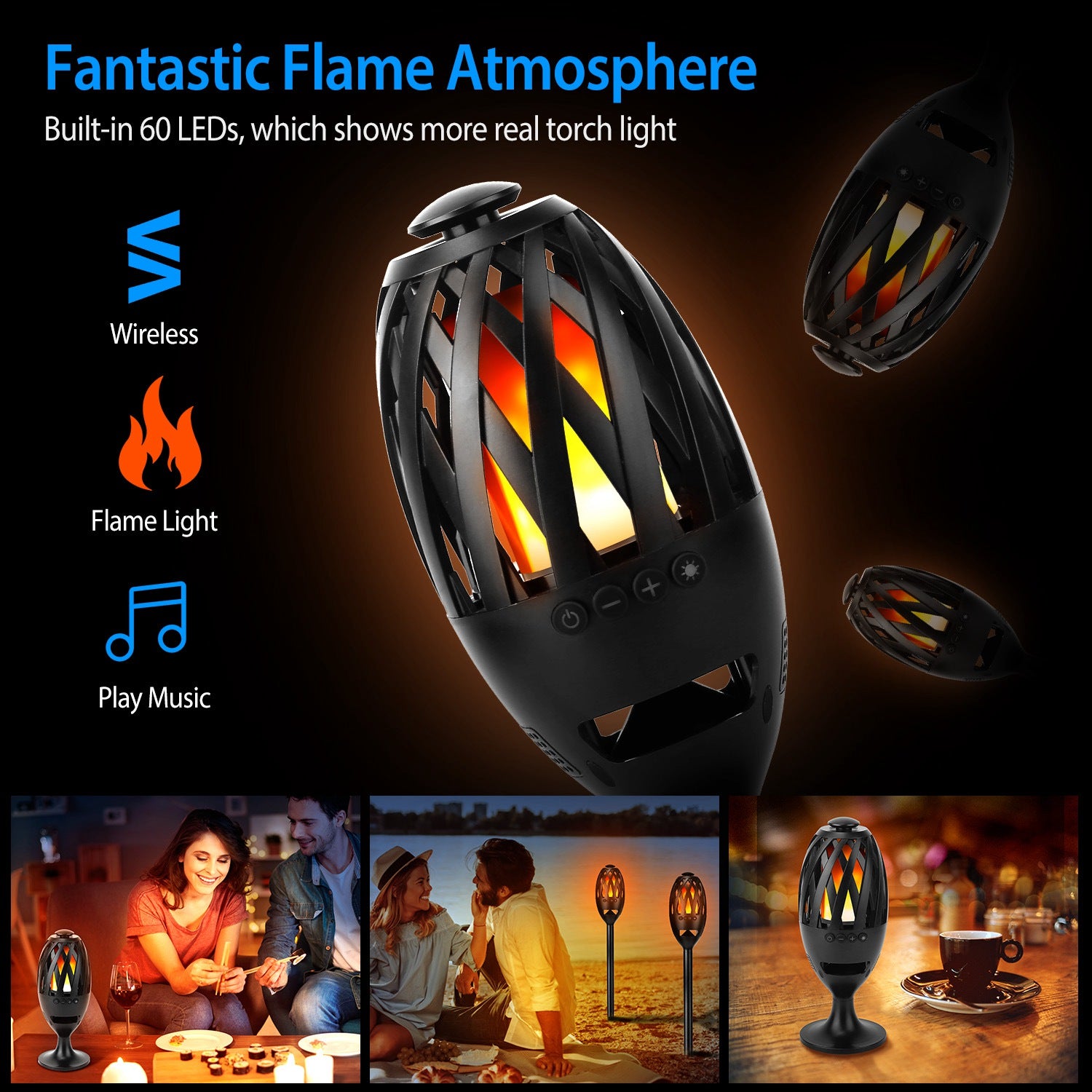 Black flame-shaped light with LED display, wireless capabilities, and flame-like design on a dark background.