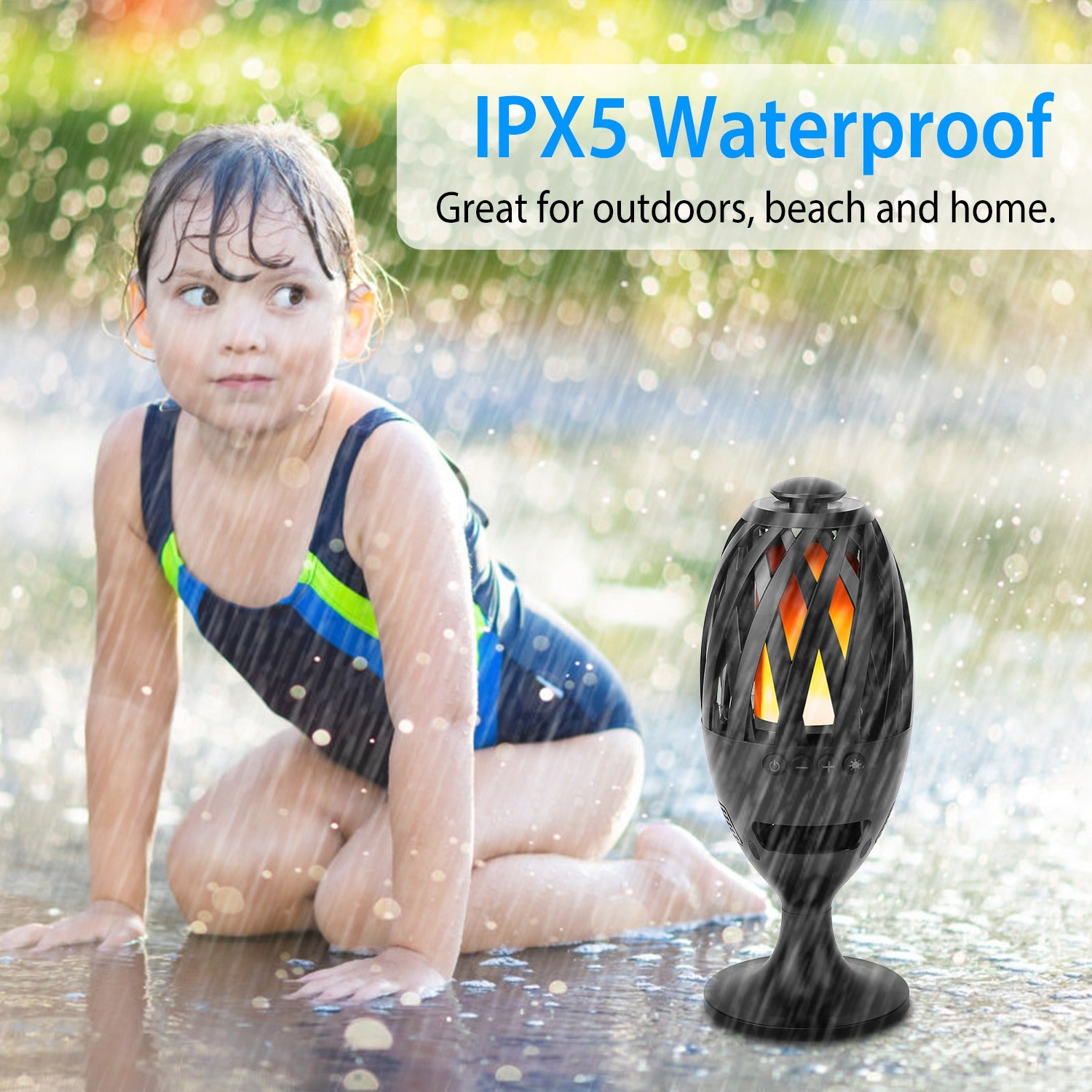 Child playing outdoors with a waterproof lamp labeled IPX5.